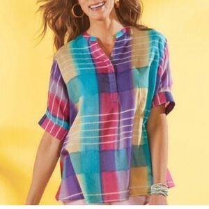 Soft Surroundings Painterly Plaid Oversized Short Sleeve Size  Top Blouse Sz XS